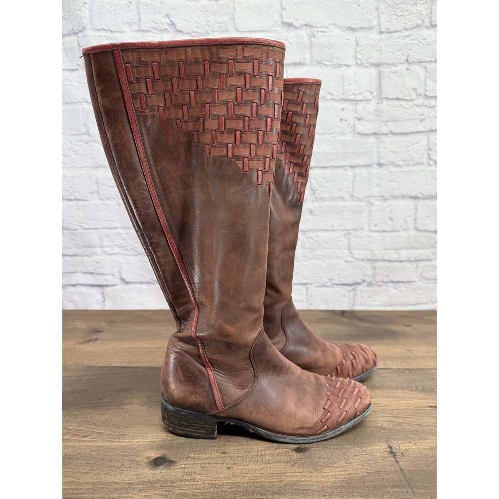 Brown Italian Leather Tall Boots Sz 38 Woven Detail Boho Rustic‎ Western Riding